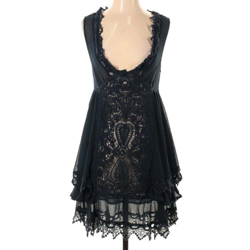 Free People Vintage Applique Dark Blue Lace Dress - Picture 3 of 8